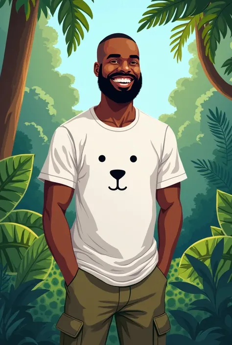 smiling black man , shaved hair, cargo pants,  white t-shirt with a minimalist design of a dog.  in a rainforest .  cartoon 