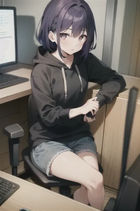 masterpiece,   Best Quality  ,    symbol-shaped pupils , colorful, plain color, (1 ), (Alone),   looking at the viewer  ,   in front of the observer  , casual, battle station ,  sitting in a chair , a girl in a black hoodie , purple hair, Hacker,  using a ...