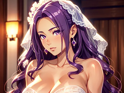 a tanned matured model! purple voluptuous bride with long wavy curls, a naturalistic and photographic oilpainting, hyperrealisti...