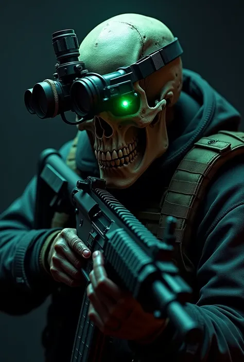 Create a skull using night vision goggles holding an hk416 rifle equipped with a reddot sight and laser