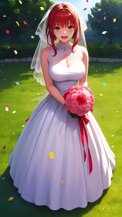 masterpiece, best quality, highres, girl, solo, looking at viewer, Shirou Emiya, Red hair, Brown Eyes, large breasts, wedding dress, standing, garden, confetti, holding bouquet, smile, open mouth,