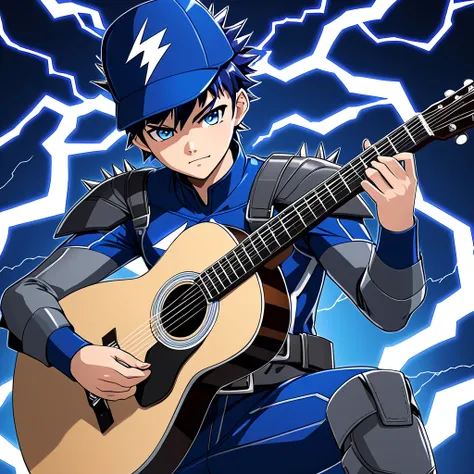 A 17-year old male lightning superhero with short spiky dark blue hair and blue eyes wearing a dark blue and gray lightning superhero uniform with a belt, gadgets, boots, and a matching hat playing an acoustic guitar over a blue lightning background.