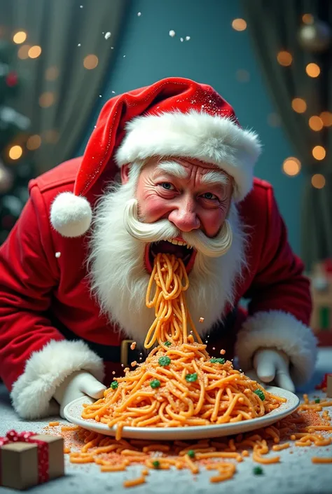 Santa Claus eating pasta 
Santa Claus vomits