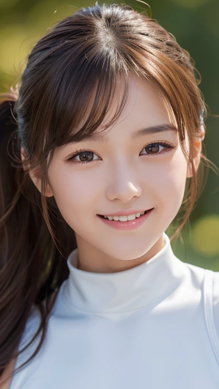 Two girls standing in the fall schoolyard , long-sleeved white latex unitards and white compression long pants, red tie,18 years old,bangs,Smile a little, low ponytail 、face-closeup、
Huge 、  long brown hair 、Sparkling,  oily skin 、 Glowing Skin、 white skin...