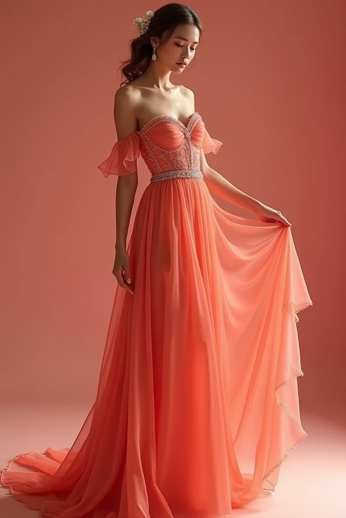 Create a coral-colored dress with a sweetheart neckline and elbow length sleeves