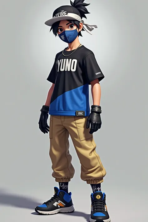 a teenage guy with tied black hair and a white headband and black cap with a black and blue shirt and a blue and white mask yellowish beige pants black and blue sneakers with black gloves and with a name on Yunos shirt.🇧🇷 personagem de Free Fire