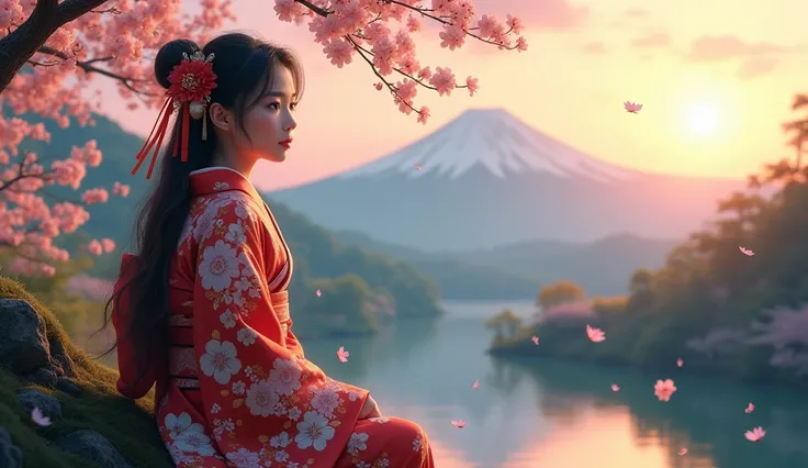  The quality is the best,  main part , Extremely detailed,  Detailed Background , Eye details,  Japanese Anime, 1girl, beauty的眼睛, girl,  long hair sitting on the side of a mountain ,  Expressive Face ,  kimono, Retro, 富士山wind景, outdoor, Sunset, beauty的天空, ...