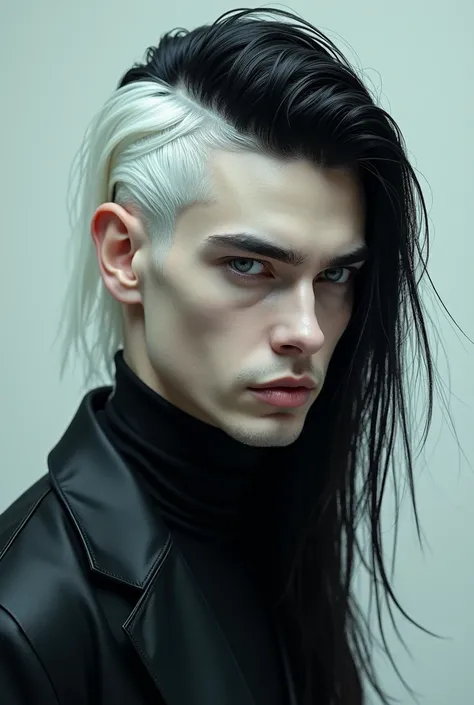 a man with pale skin and white hair with an undercut dyed black