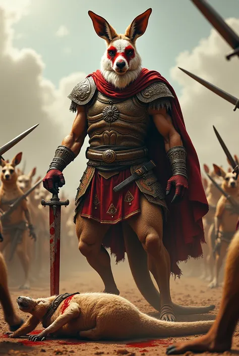 A kangaroo dressed as a strong and tall gladiator without kangaroo legs , With human legs, And a sword and a head of a Santa Claus smeared with blood lying on the ground and in the background many cheerful kangaroos raising their swords 