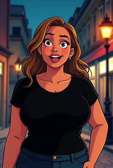  Cartoon A not-so-thin Brazilian woman on the street at night .
 Light brown shoulder hair with dark blonde highlights
Expressive brown mouth and eyes. 
 Piercing of the nose and ears several earrings . 
Strokes black t-shirt 