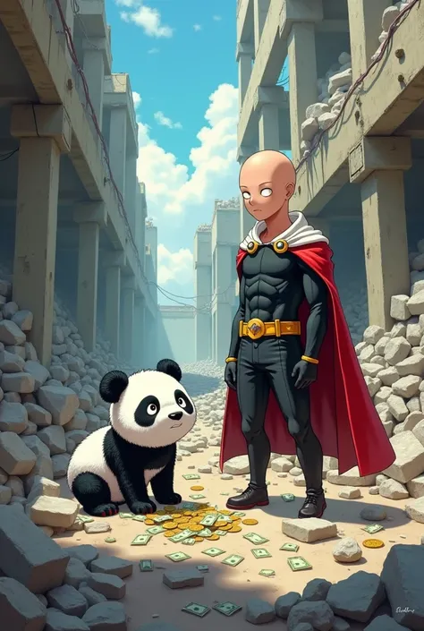 Little panda and Saitama nyari duit strewn behind the rubble of the building