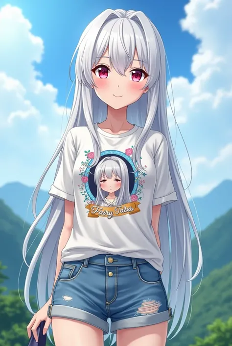 anime,  Beautiful woman, cabello largo white color,  right eye shiny red color ,  right eye print shiny blue ,  long eyelashes , t-shirt with a print of the drawing of "Fairy Tales " white color,  short jeans with holes ,  open shoes with high heels dark b...