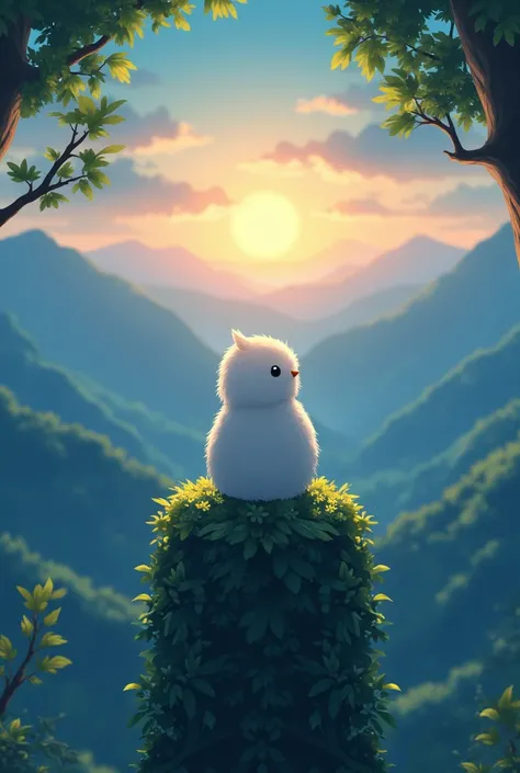 Masterpiece,Best quality, Anime style, pure white sparrow mascot, round body, fluffy body, simple face, cute appearance, Sitting on a tall tree, looking at the distant sunrise, from behind,the sunrise is about to climb, the night is about to fall, a very b...