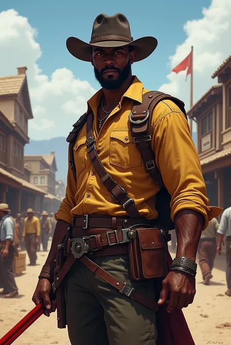 a rpg character, , black skin,  short hair typical of Afro-descendant peoples , Deep and striking gaze,  black eyebrows and no beard . He wears a sheriffs costume ,  holds a long red sword in his hand and a crossbow tied to his belt around his waist. has m...