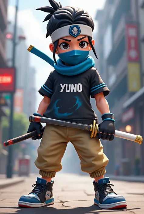 a teenage guy with tied black hair and a white headband and black cap with a black and blue shirt and a blue and white mask yellowish beige pants black and blue sneakers with black gloves and with a name on Yunos shirt.🇧🇷 Free Fire character with a katana ...