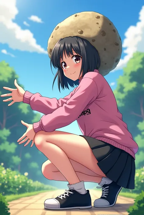 girl, anime, adolescent, chompa rosa, black shoes with white toes, kneeling,  with a large rock that replaces your head,  with arms outstretched ,  anime style,  long legs,  big thighs , The buttock upwards, mini skirt black color