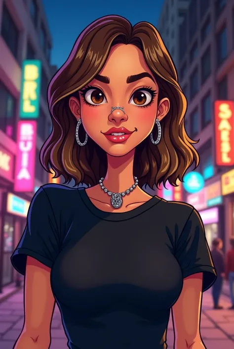  Cartoon A not-so-thin Brazilian woman on the street at night .
 Light brown shoulder hair with dark blonde highlights
Expressive brown mouth and eyes. 
 Piercing of the nose and ears several earrings . 
Black rock t-shirt