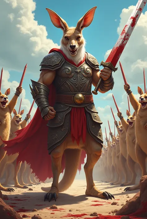 A kangaroo dressed as a strong and tall gladiator without kangaroo legs , With human legs, And sword and head of a Santa Claus mochada with blood lying on the ground and in the background many cheerful kangaroos raising their swords 