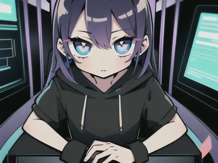 masterpiece,   Best Quality  ,    symbol-shaped pupils , colorful, plain color, (1 ), (Alone),   looking at the viewer  ,   in front of the observer  , casual, battle station ,  sitting in a chair , a girl in a black hoodie , purple hair, Hacker,  using a ...