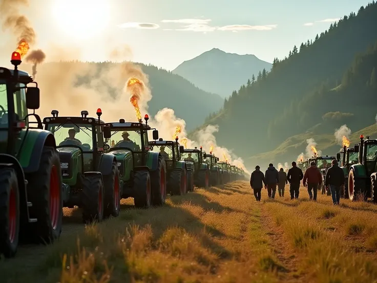  An uprising of the farmers aggressive 10 tractors next to each other in front of the tractors about 15 people in costume green and white. You have torches and hay fork in your hand .  Nice strong sun beautiful sky Mountains and nature an S with Vienna .