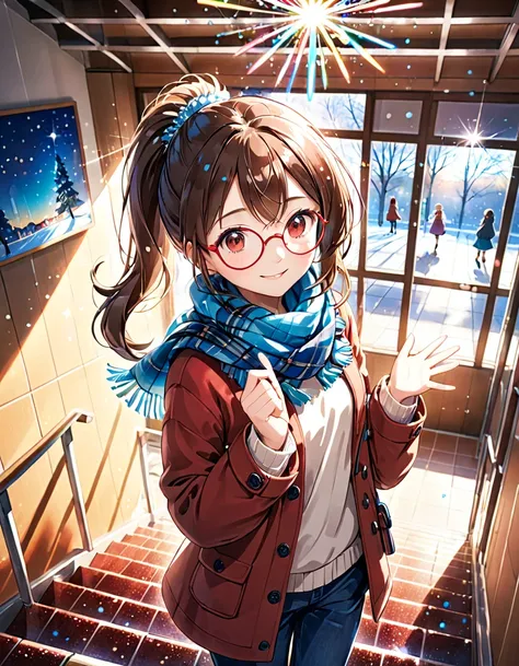 1girl, , Elementary school girl, brown hair, big eyes, black eyes, ((red round eyewear)), side ponytail, smile, blushful, cute, kawaii,

BREAK
long sleeves, standing, closed eyes, cowboy shot, pants, indoors, grin, ^-^, denim, outstretched arms, facing vie...