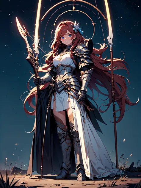 (((masterpiece, best quality, high detailed, 16k))) (1girl) A fierce and adventurous female warrior with long, flowing auburn hair and bright, determined blue eyes. Her armor is lightweight and sleek, adorned with stars and bow motifs. She carries a massiv...