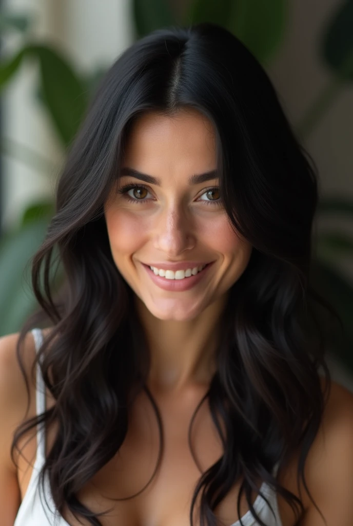  Realistic image of a black-haired woman at shoulder height,wavy 32-year-old feeling confident 
