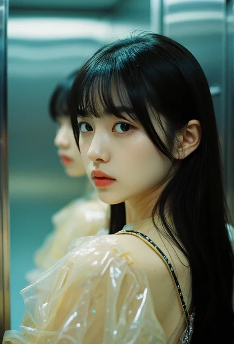 An enthralling photograph in diagonal angle with hard flash technique of an wet Korean woman, exuding both grace and fierce determination, as she poses in an elevator with four full-length wall mirrors. She has stylish long black straight hair, blunt bangs...