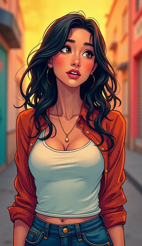 DISCREET image. with discreet casual clothes. image adult woman, american, comic book style. surprised. with a discreet smile. IMAGES WITH VIBRANT COLORS.