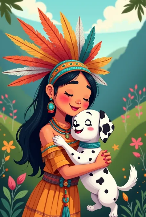  Cartoon of an indigenous woman with a headdress, smiling, hugging Delaine