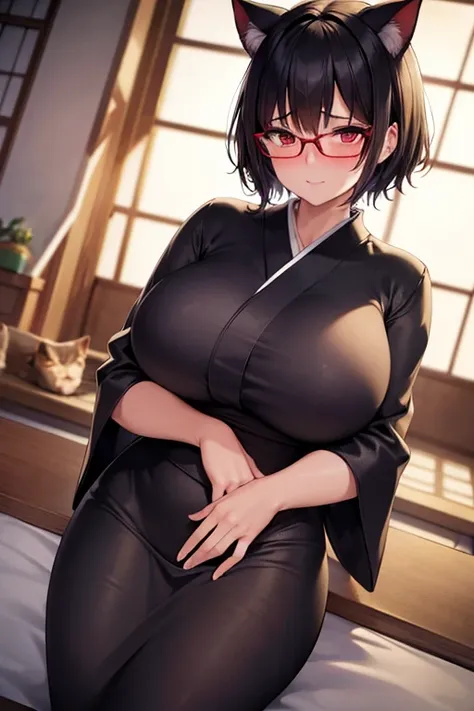  high definition , masterpiece, accurate,  anatomically correct,  best quality,  very detailed , 1 person, Short Hair ,  black hair, Cat ears, Cat tail、Glasses、chubby、Busty、milf、Yukata、 sexy、 embarrassed 、blush、Red Eye、Japanese-style room、sit、gigantic brea...