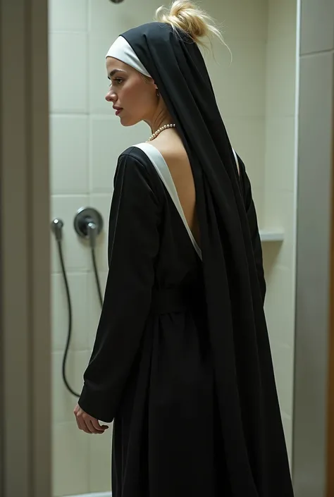 Side view, looking back, bending over in her shower, full body shot, full figure, 21 year-old platinum blonde catholic nun, revealing her thin (((white))) translucent (silk seamless mesh:1.3) string panty under her black gown, firm east west shaped breasts...