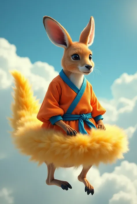  Kangaroo dressed in Gokus sweater and pants, Sitting on a yellow flying cloud, Make the image  