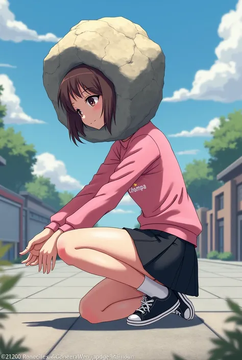 girl, anime, adolescent, chompa rosa, black shoes with white toes, kneeling,  with a large rock that replaces your head,  with arms outstretched ,  anime style,  long legs,  big thighs , The buttock upwards, mini skirt black color