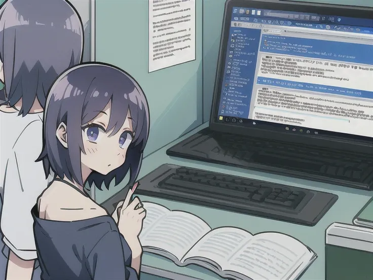  an anime girl ,  short and purple hair ,  dressed in relaxed clothes, with a Java programming notebook in the right hand