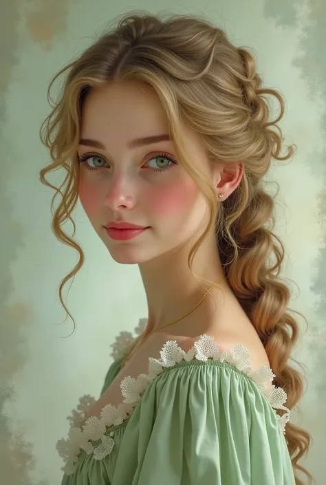 Make a 22-year-old girl ,  with green eyes and curly blonde hair , white skin with some freckles on the nose and cheeks ,  a pastel green dress that looks like its from the 18th century, Make it attractive realistic version 