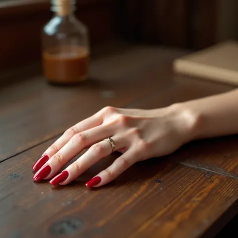 Centralized photo taken by cell phone of an elegant white hand with long red nails on the brown table.  realistic image , Instagram post . elegant image.