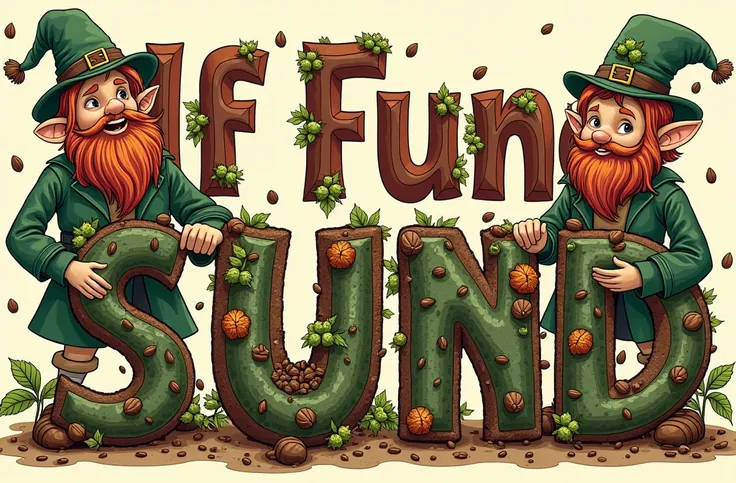 Elf fund . Small letters that say stout with lots of hops and coffee seeds coffee and chocolate delusional inside the letters and colors coffee 
And psychedelic drawings of leprechauns, lots of elves eating coffee and chocolate