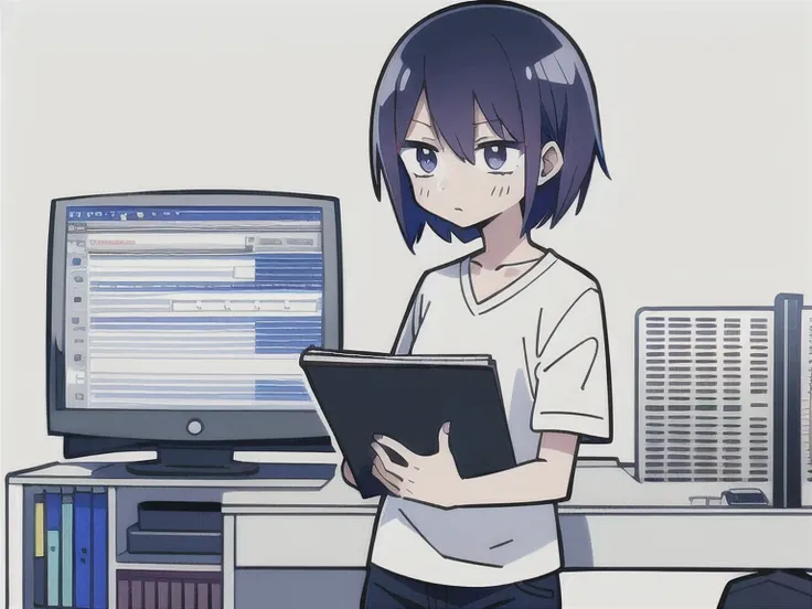  an anime girl , programmer, short and purple hair ,  dressed in relaxed clothes, with a programming notebook in the right hand,  white background