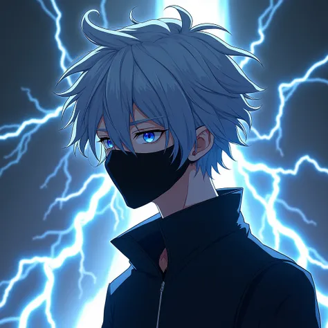 An anime boy with gray hair wearing a mask covering half his face around him surrounded by many lightning bolts. The photo has a graviti background