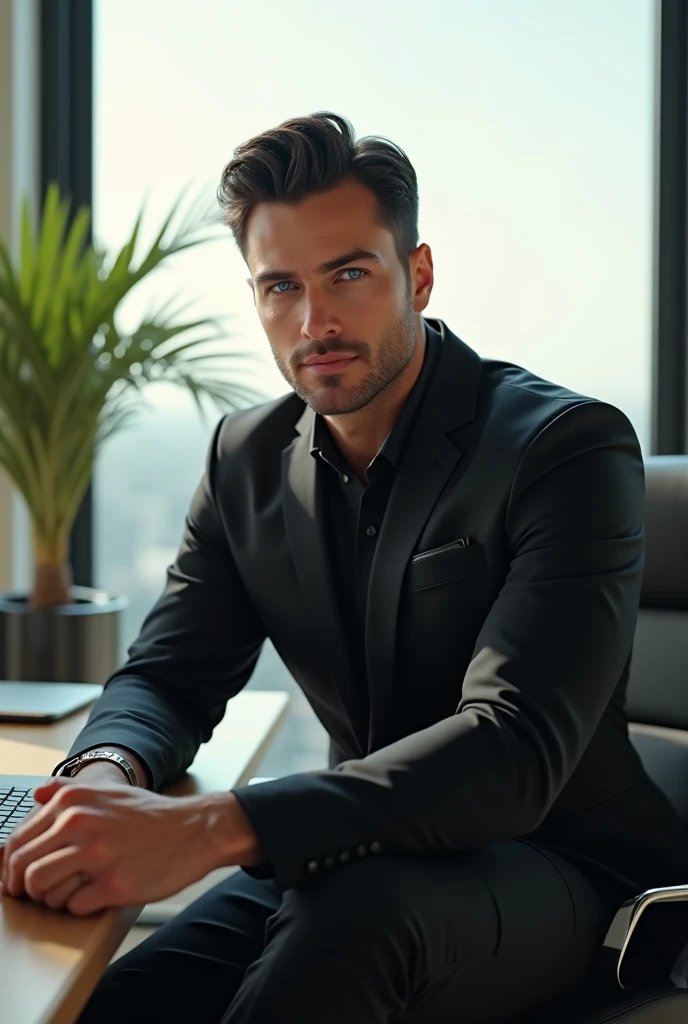  30-year-old young man ,  black hair ,  blue eyes , muscular,  white skin , masculine and manly,  custom suit black , Dress shoes.  Office on a high floor of a building,  desk with a computer ,  decorative plant near the window ,  the sun coming through th...