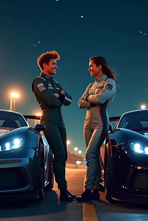 Arya e Mason,  both 27 and 28 years old and full of energy , They are side by side, leaning against their cars after an intense race. Arya,  with her tanned skin and vibrant blue eyes ,  conveys a natural confidence . she is standing,  with his arms crosse...