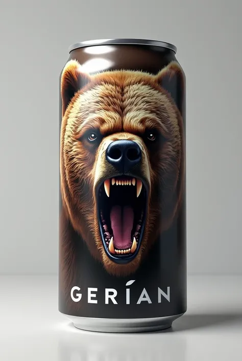 aluminum can with the GERIAN mark horizontally with an angry open-mouthed bear