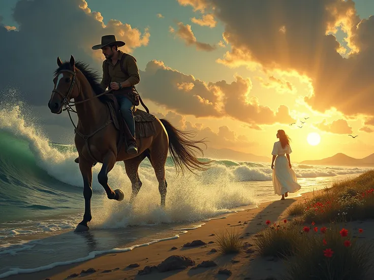 Illustrate a passionate and adventurous love story. Show a rugged, determined figure on horseback, reminiscent of a fearless Texas ranger, riding at full gallop across a vast and dynamic landscape. The scene transitions seamlessly from stormy ocean tides t...