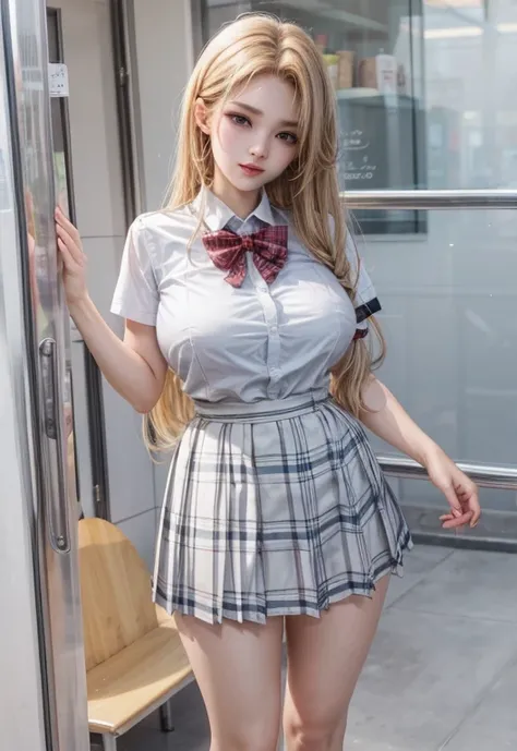 big breasts , thai school girl , skirt dark red , plaid skirt , pleated skirt , red knot , red bow