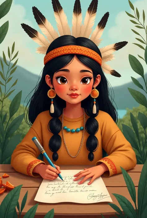  Cartoon of an indigenous woman with a headdress, writing a letter