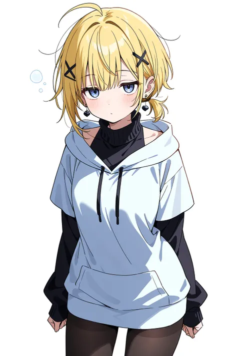  high quality
1 girl    ,     Sky Blue Eyes ,     blonde alone 、    short cut   ,      low ponytail in tights、     earrings for women    ,  Ahoge,        ,   X shaped hair ornament  ,  [[[Sleepy eyes、    black tights、whole body、 Time Is Sleeping  、  white ...