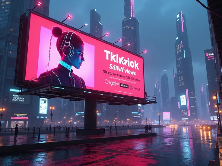 CREATE A BILLBOARD IN A FUTURISTIC CITY INFORMING ABOUT THE SALE OF VIEWS FOR THE SOCIAL NETWORK TIKTOK