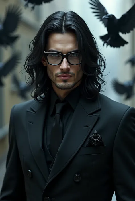 Handsome Gothic man ,  wearing glasses with crows around, Hair is long down to below the shoulder black and curly 