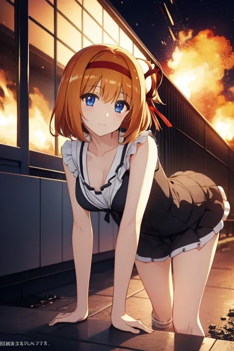 kaedefuyou, kaede fuyou, short hair, orange hair, hair ribbon, hairband, blue eyes,whole body、Show your butt and turn around
BREAK black tank top、セクシーな黒のショートパンツ
BREAK looking at viewer,
BREAK NIGHT 、 fence、 Explosion Military Base in Flames、 BUILDING BURNI...